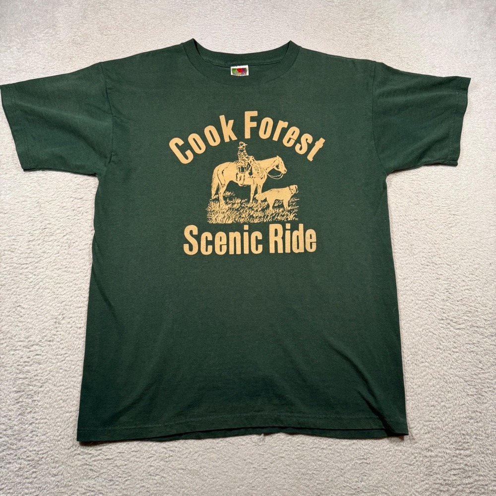 Vintage 90s Fruit of the Loom T-Shirt L Green Cook Forest Scenic Ride Horse Dog